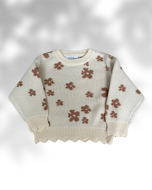 Toddler wearing a soft cotton flower knit sweater in Australia, cosy and playful