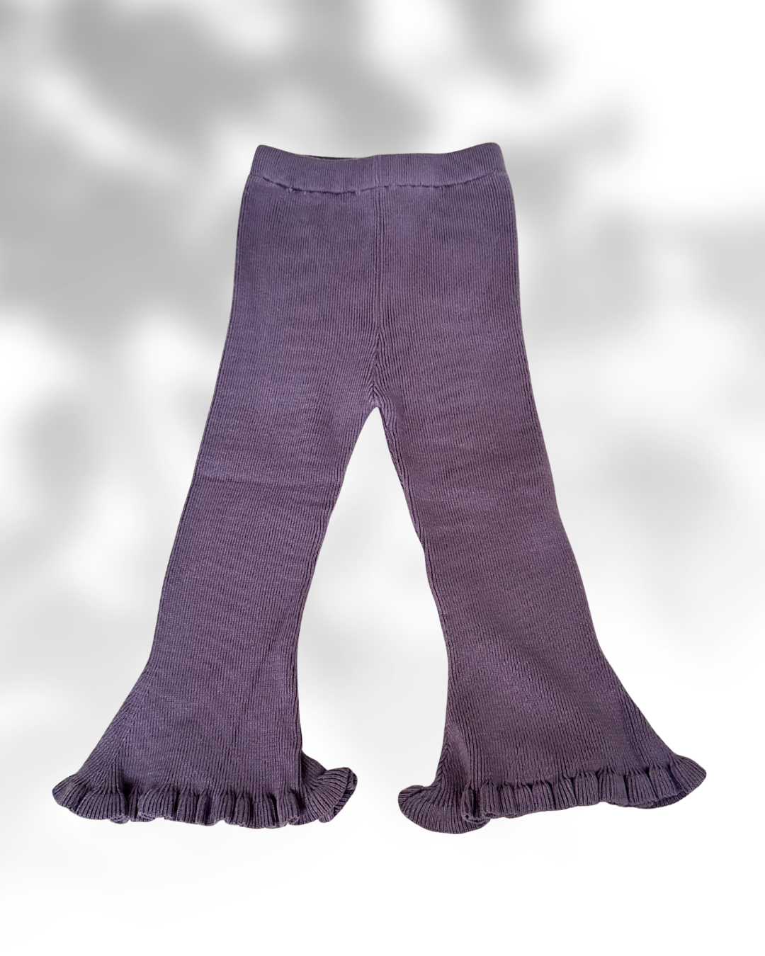 Purple ruffled pants on a light gray background purple toddler ruffle flares, fun and comfy cotton pants for Australian toddlers